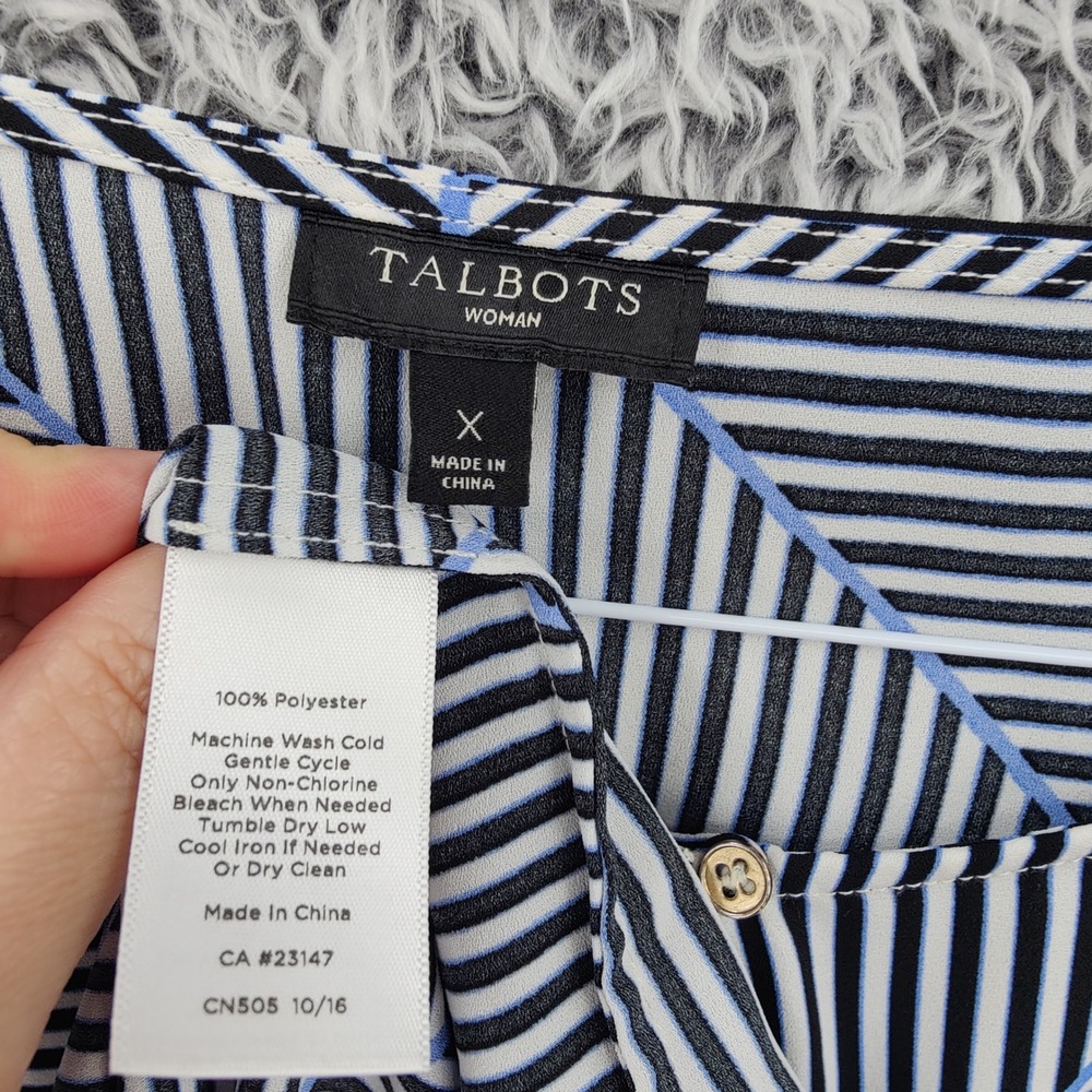 Talbots Women Preppy Nautical Stripe Blouse Size X US XL Black White Blue Career - Picture 5 of 16